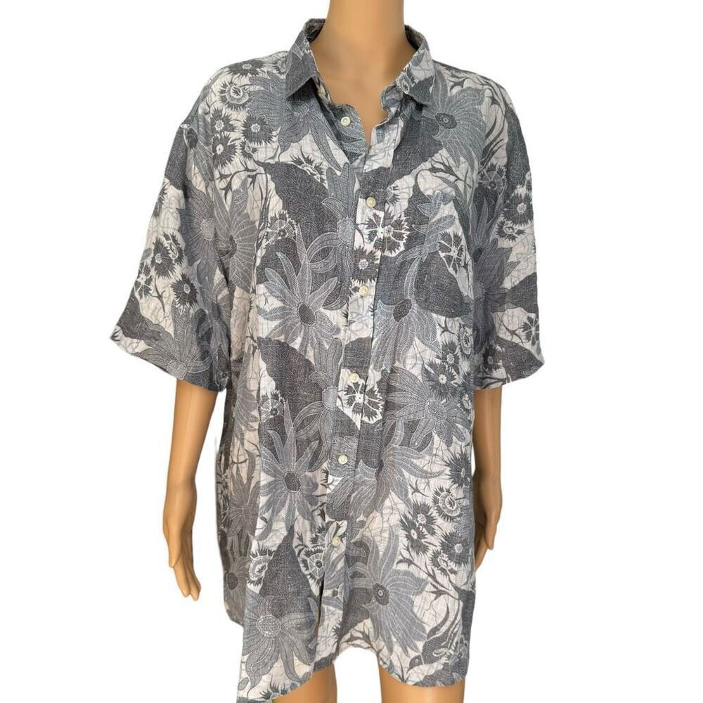 BLUE SAKS FIFTH AVENUE GRAY FLORAL PRINT 100% LINEN HAWAIIAN SLIM FIT SHIRT XXL